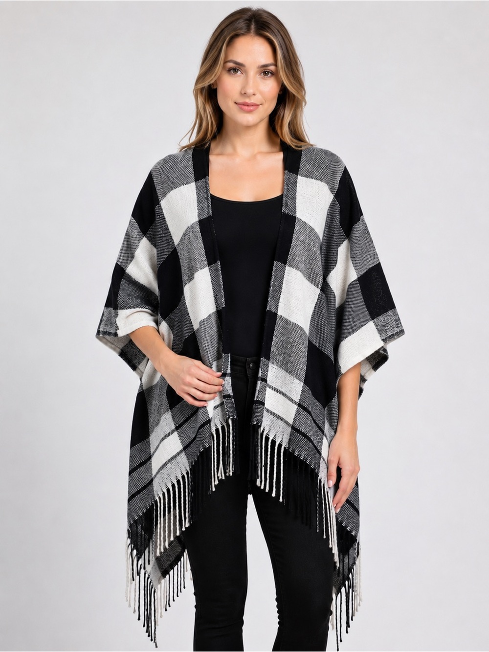 New Jon & Anna Poncho One Size Shawl Cardigan Wrap Fringe Plaid Black White OS - Picture 11 of 11